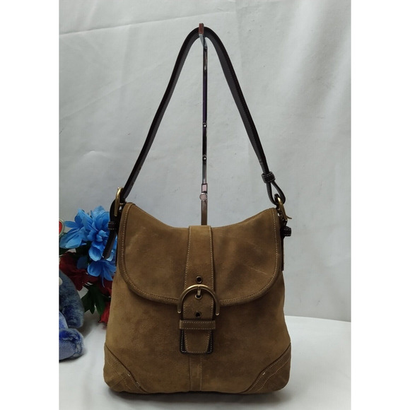 Coach Brown Suede Leather Trim Buckle Flap Closure Crossbody Shoulder Strap -VTG - Picture 1 of 16